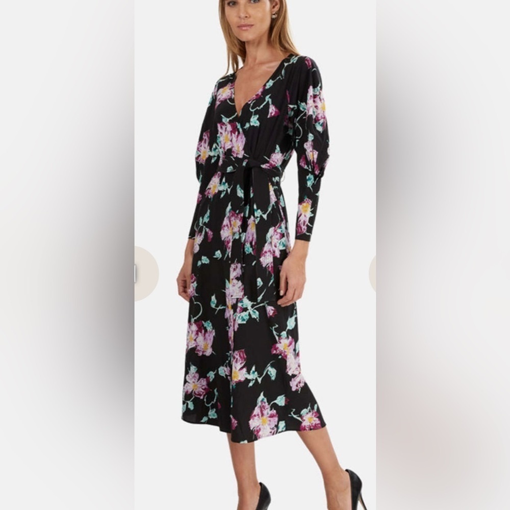 A.L.C QUINN crepe Floral Black Wrap midi Dress size 12 - Picture 5 of 8